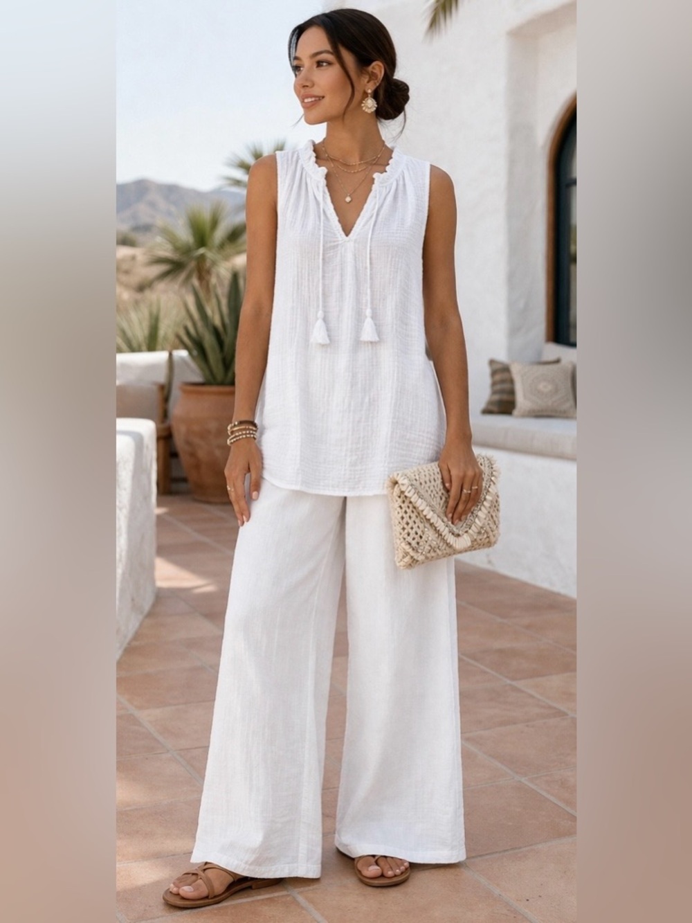 Kona Sol White Cotton Gauze Sleeveless Top or Short Dress, Resort, Beach, M